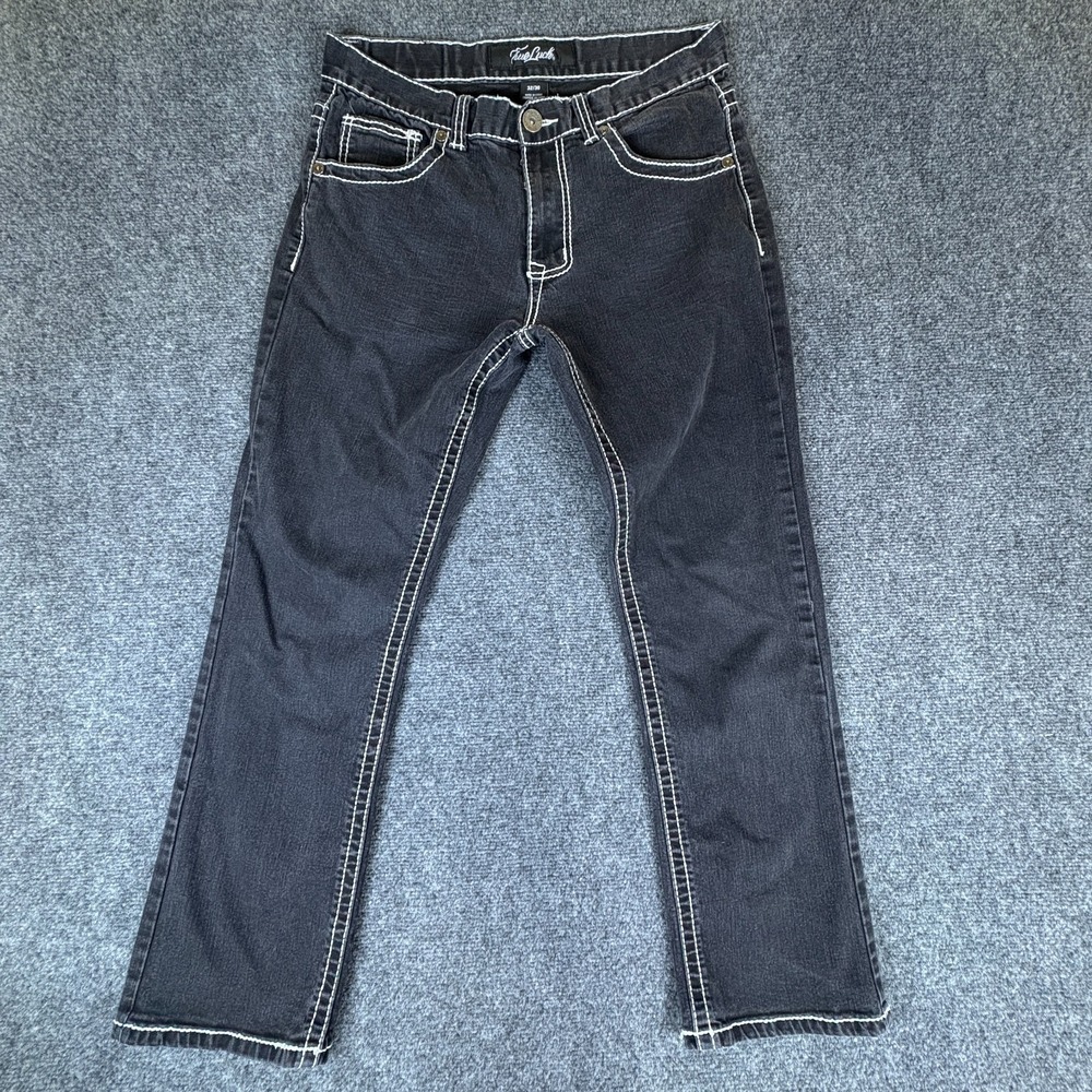 True Luck Jeans Mens 32x28 Black Denim‎ Stretch Classic White Stitching Bootcut